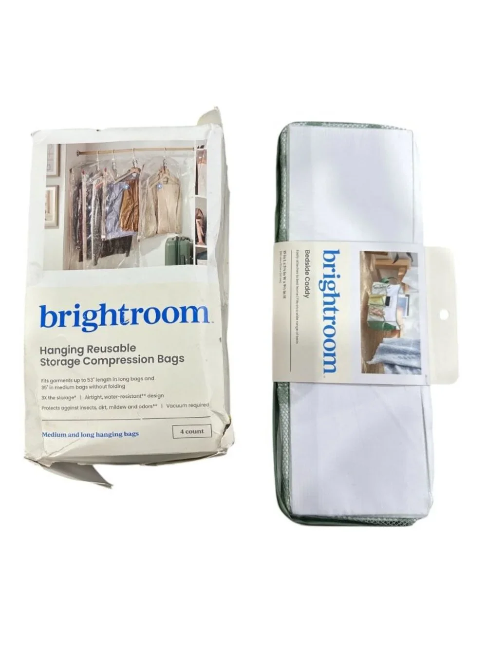 BRIGHTROOM Hanging Reusable Storage Compression Bags & Bedside Caddy (2 pack bun